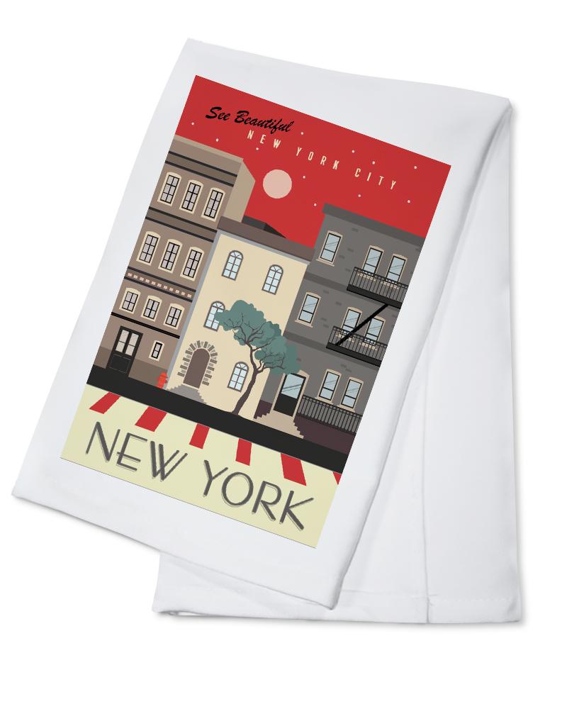 New York City, New York, Brownstones, Street Vector, Lantern Press Artwork, Towels and Aprons Kitchen Lantern Press Cotton Towel 