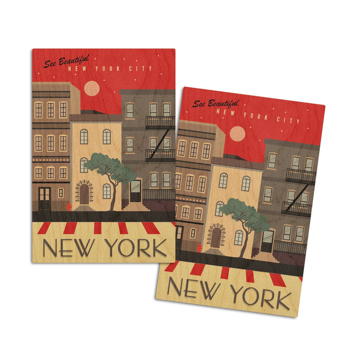New York City, New York, Brownstones, Street Vector, Lantern Press Artwork, Wood Signs and Postcards Wood Lantern Press 4x6 Wood Postcard Set 