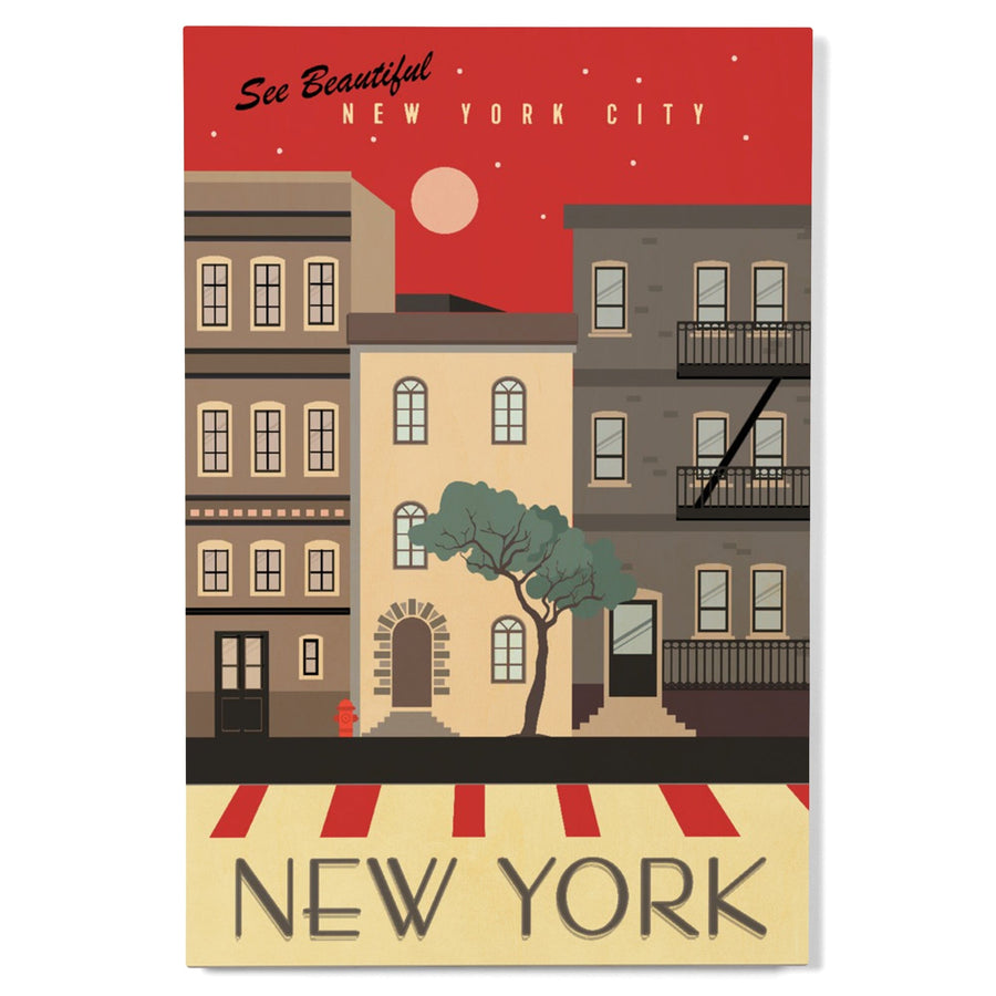 New York City, New York, Brownstones, Street Vector, Lantern Press Artwork, Wood Signs and Postcards Wood Lantern Press 