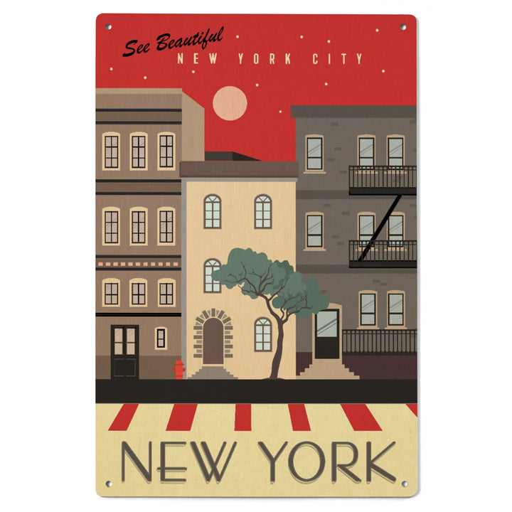 New York City, New York, Brownstones, Street Vector, Lantern Press Artwork, Wood Signs and Postcards Wood Lantern Press 