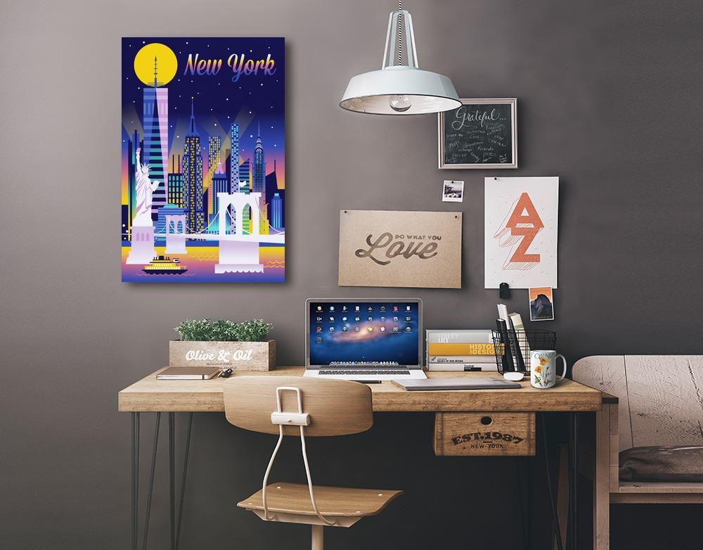 New York City, Retro Skyline Chromatic Series, Lantern Press Artwork, Stretched Canvas Canvas Lantern Press 