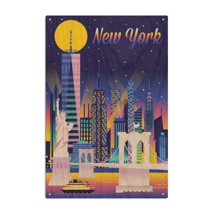 New York City, Retro Skyline Chromatic Series, Lantern Press Artwork, Wood Signs and Postcards Wood Lantern Press 10 x 15 Wood Sign 