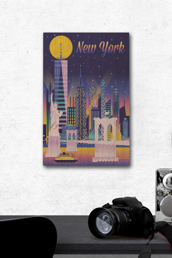 New York City, Retro Skyline Chromatic Series, Lantern Press Artwork, Wood Signs and Postcards Wood Lantern Press 12 x 18 Wood Gallery Print 