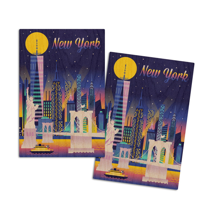 New York City, Retro Skyline Chromatic Series, Lantern Press Artwork, Wood Signs and Postcards Wood Lantern Press 4x6 Wood Postcard Set 