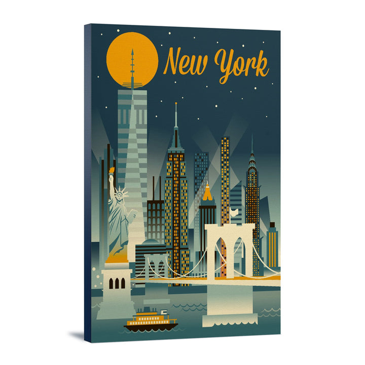 New York City, Retro Skyline Series, Lantern Press Artwork, Stretched Canvas Canvas Lantern Press 12x18 Stretched Canvas 
