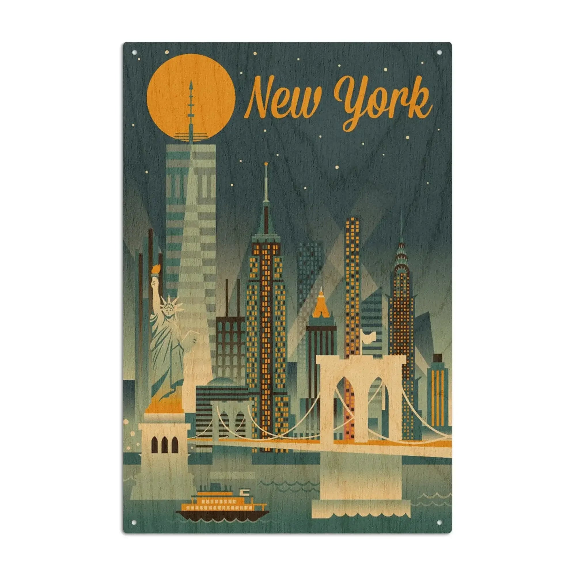 New York City, Retro Skyline Series, Lantern Press Artwork, Wood Signs
