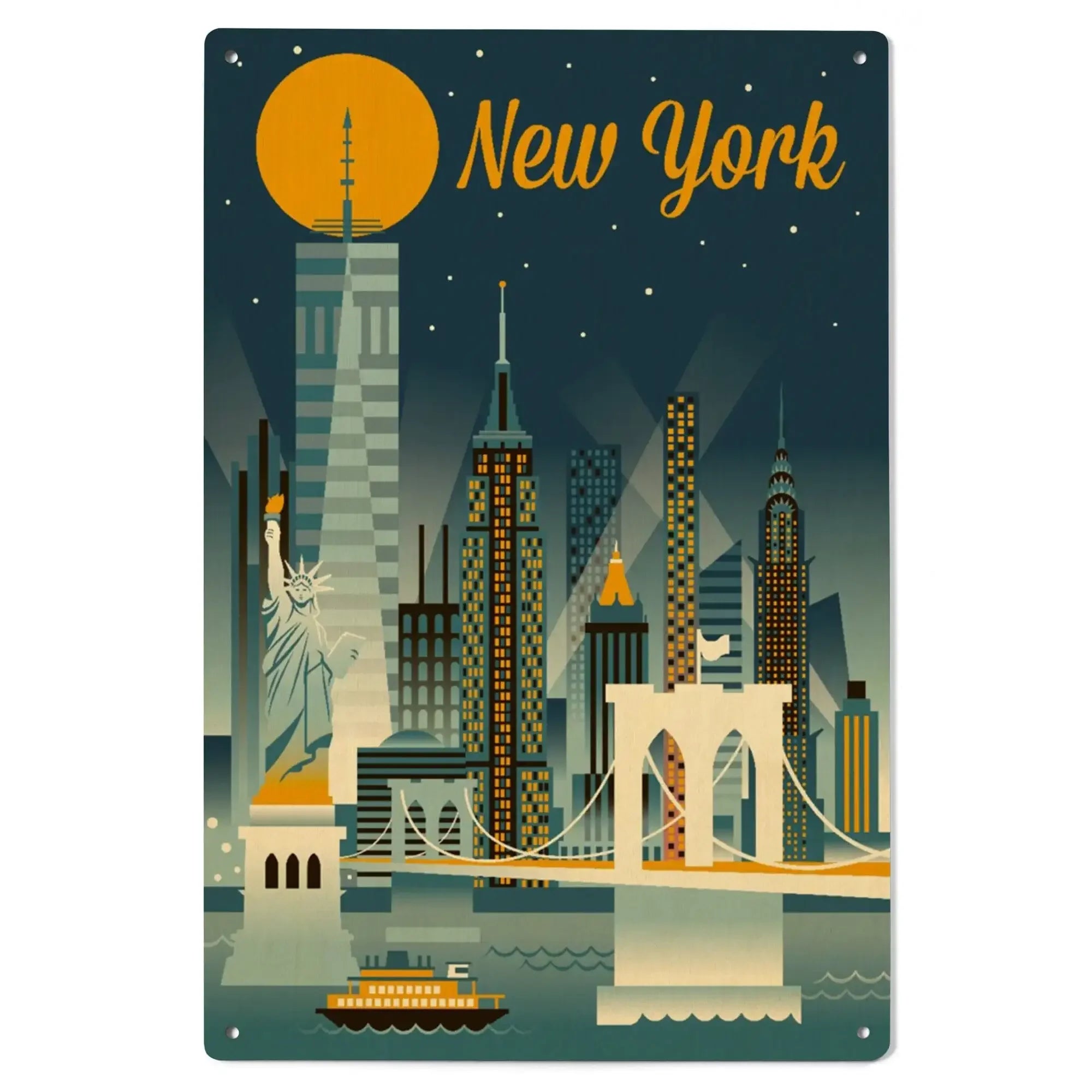 New York City, Retro Skyline Series, Lantern Press Artwork, Wood Signs