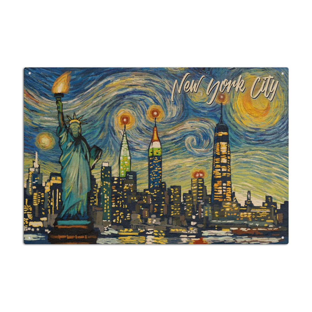 New York City, Statue of Liberty, Starry Night City Series, Lantern Press Artwork, Wood Signs and Postcards Wood Lantern Press 10 x 15 Wood Sign 