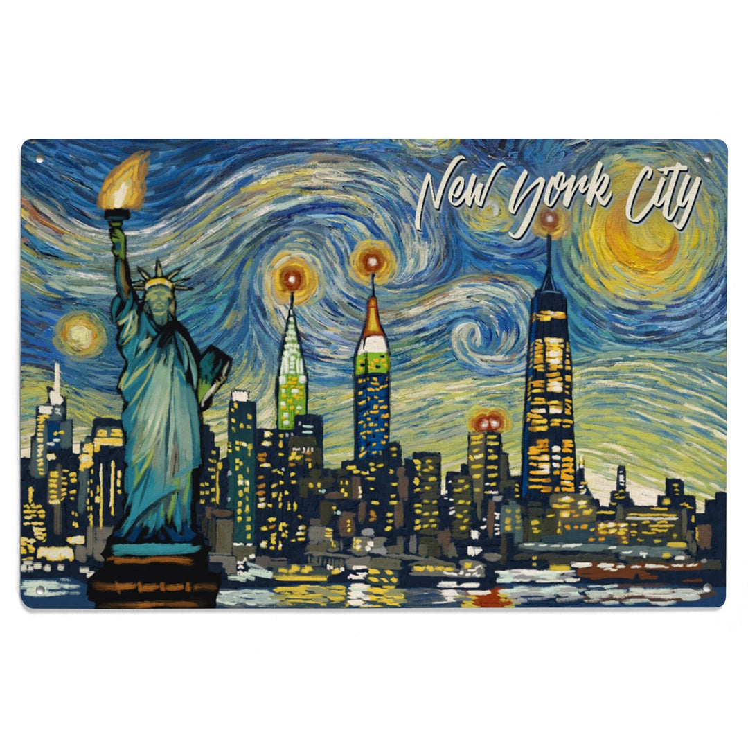 New York City, Statue of Liberty, Starry Night City Series, Lantern Press Artwork, Wood Signs and Postcards Wood Lantern Press 