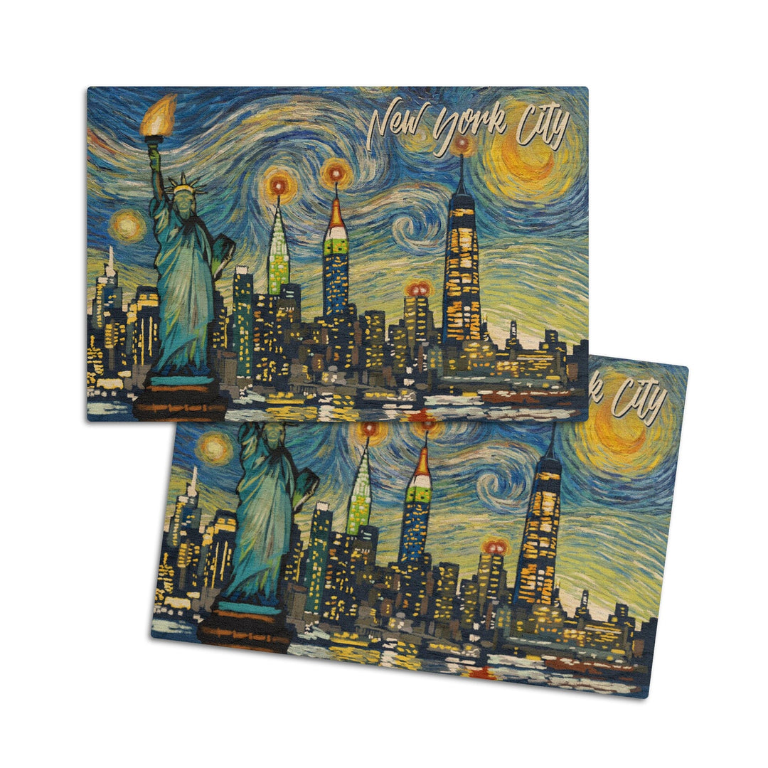 New York City, Statue of Liberty, Starry Night City Series, Lantern Press Artwork, Wood Signs and Postcards Wood Lantern Press 4x6 Wood Postcard Set 