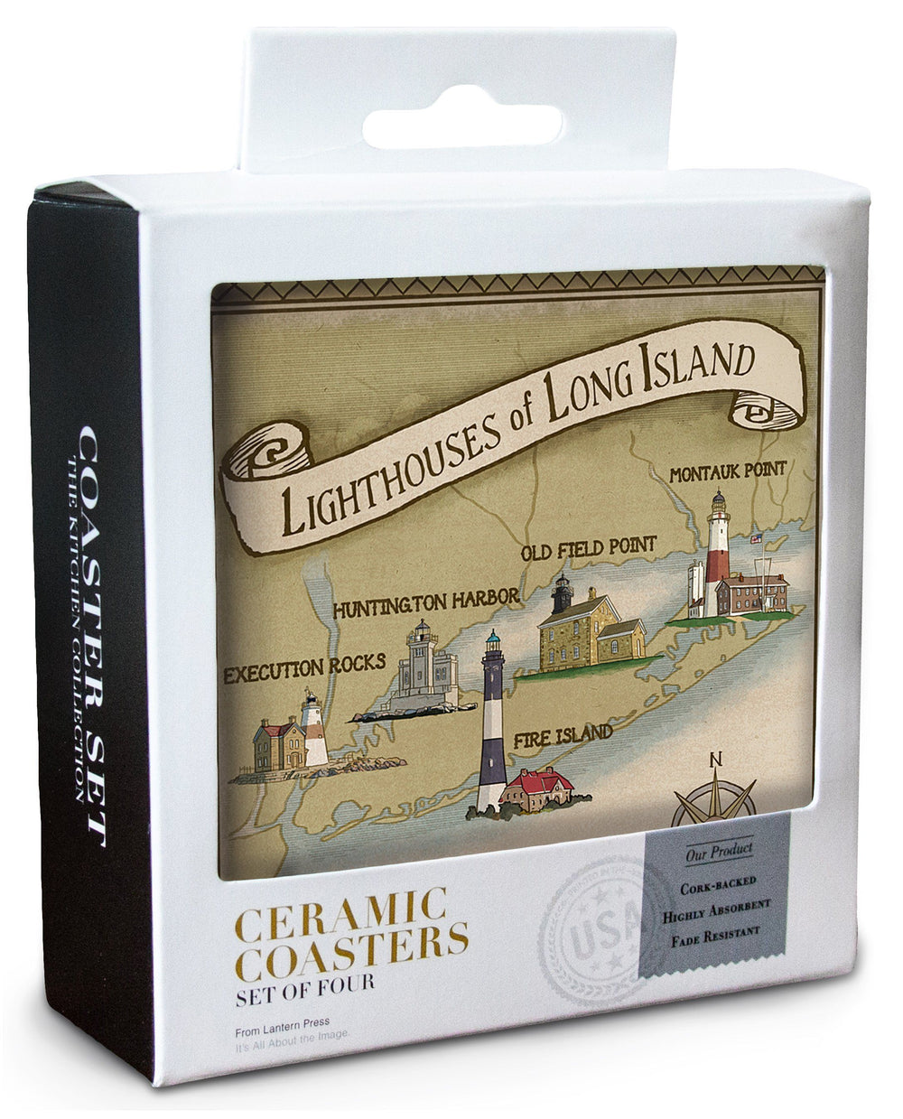New York, Lighthouses of Long Island, Lantern Press Artwork, Coaster Set Coasters Lantern Press 