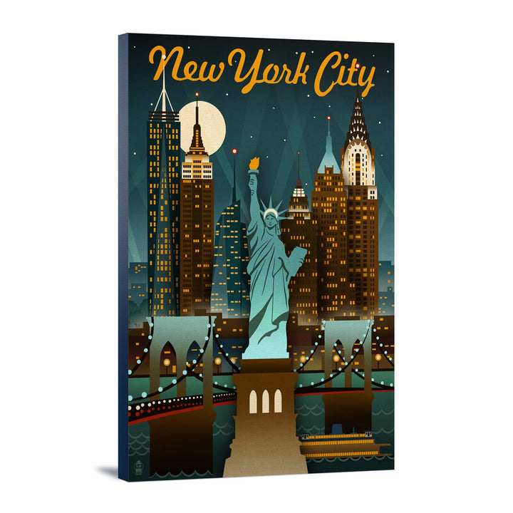 New York, Retro Skyline, Lantern Press Artwork, Stretched Canvas Canvas Lantern Press 