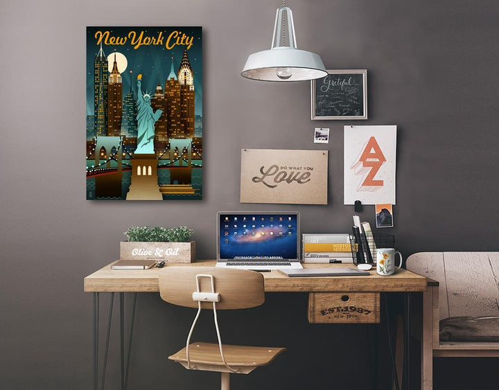 New York, Retro Skyline, Lantern Press Artwork, Stretched Canvas Canvas Lantern Press 