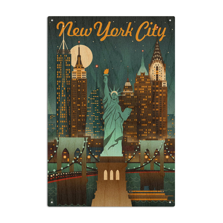 New York, Retro Skyline, Lantern Press Artwork, Wood Signs and Postcards Wood Lantern Press 10 x 15 Wood Sign 