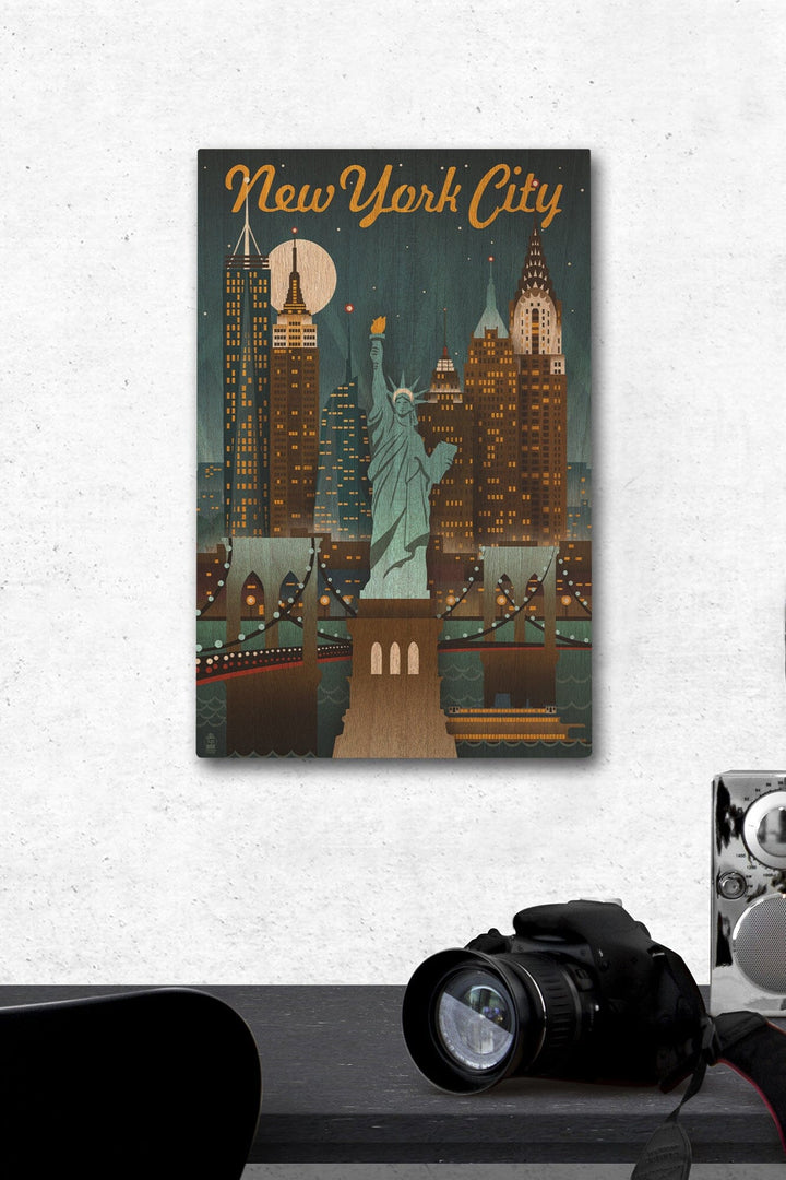 New York, Retro Skyline, Lantern Press Artwork, Wood Signs and Postcards Wood Lantern Press 12 x 18 Wood Gallery Print 