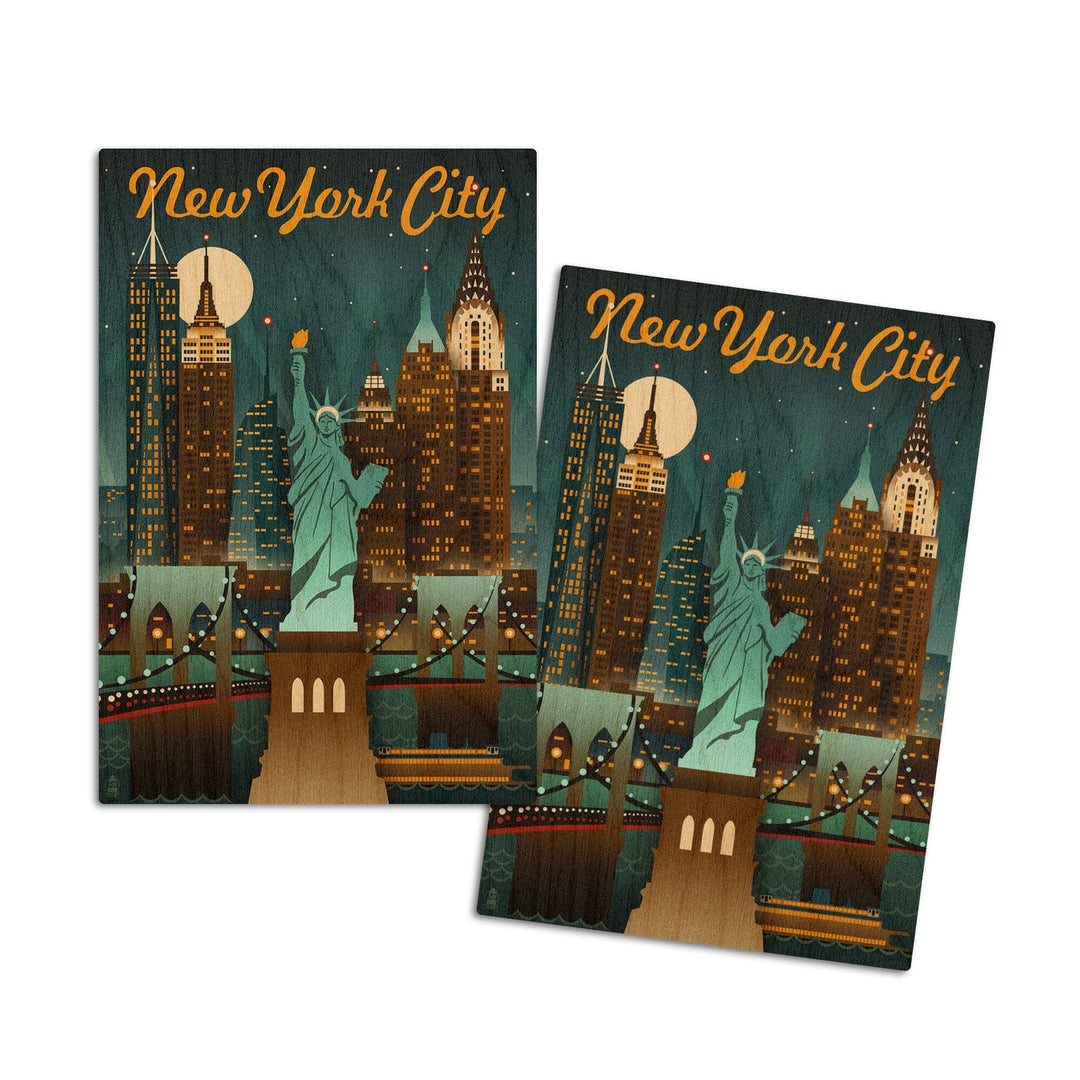 New York, Retro Skyline, Lantern Press Artwork, Wood Signs and Postcards Wood Lantern Press 4x6 Wood Postcard Set 