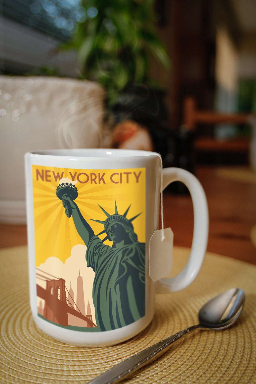 New York, Statue of Liberty & Bridge, Lantern Press Artwork, Ceramic Mug Mugs Lantern Press 