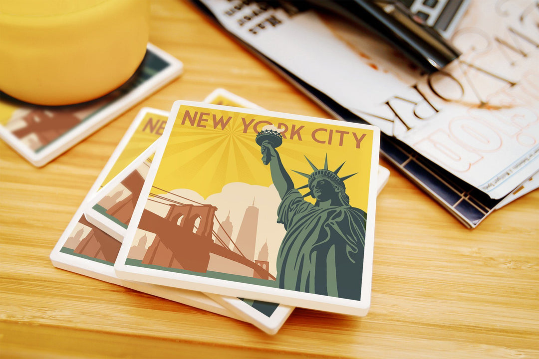 New York, Statue of Liberty & Bridge, Lantern Press Artwork, Coaster Set Coasters Lantern Press 