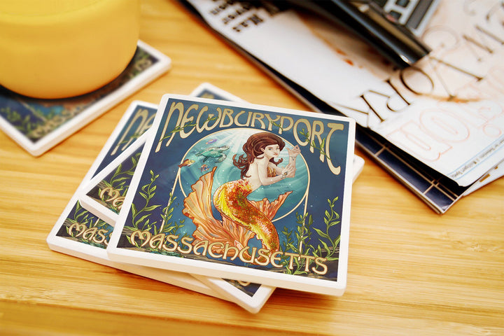 Newburyport, Massachusetts, Mermaid, Lantern Press Artwork, Coaster Set Coasters Lantern Press 