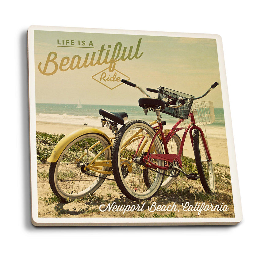 Newport Beach, California, Life is a Beautiful Ride, Bicycles & Beach Scene, Photograph, Coaster Set Coasters Lantern Press 