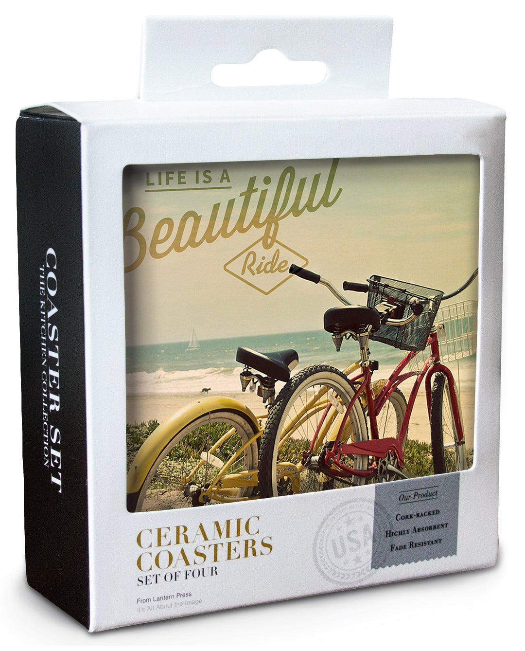 Newport Beach, California, Life is a Beautiful Ride, Bicycles & Beach Scene, Photograph, Coaster Set Coasters Lantern Press 