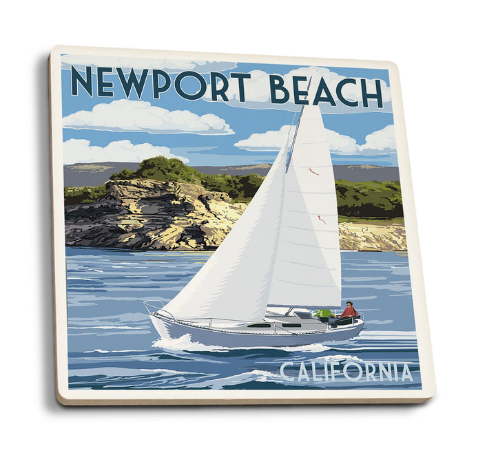 Newport Beach, California, Sloop Sailboat & Lake, Lantern Press Artwork, Coaster Set Coasters Lantern Press 