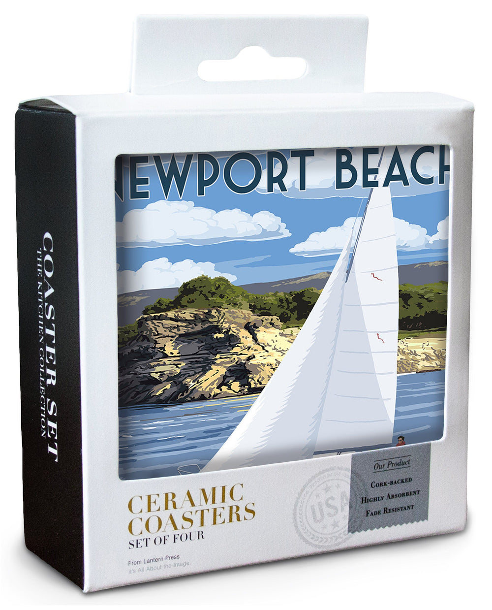 Newport Beach, California, Sloop Sailboat & Lake, Lantern Press Artwork, Coaster Set Coasters Lantern Press 