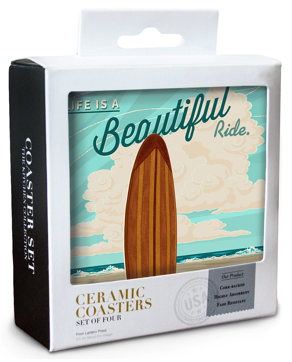 Newport Beach, California, Surf Board Letterpress, Life is a Beautiful Ride, Lantern Press Art, Coaster Set Coasters Lantern Press 