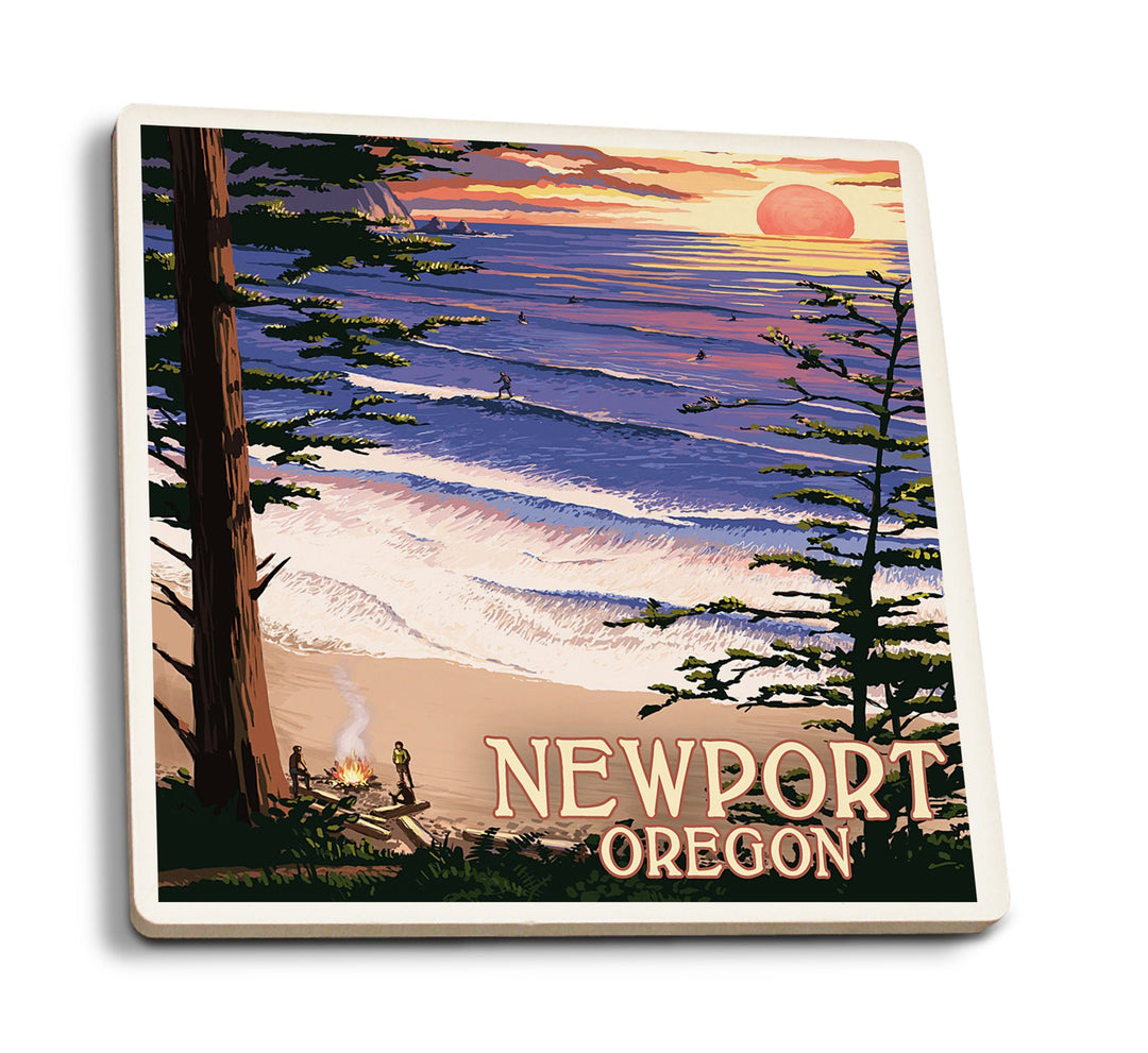 Newport, Oregon, Sunset Beach & Surfers, Lantern Press Poster, Coaster Set Coasters Lantern Press 