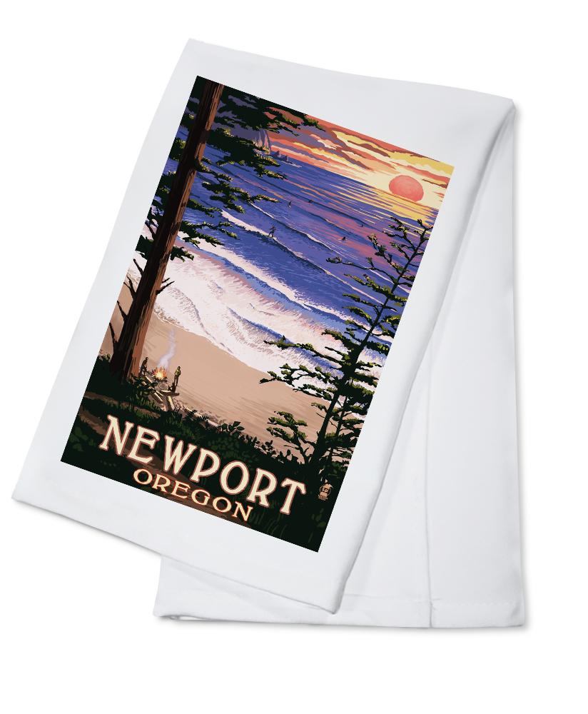 Newport, Oregon, Sunset Beach & Surfers, Lantern Press Poster, Towels and Aprons Kitchen Lantern Press Cotton Towel 