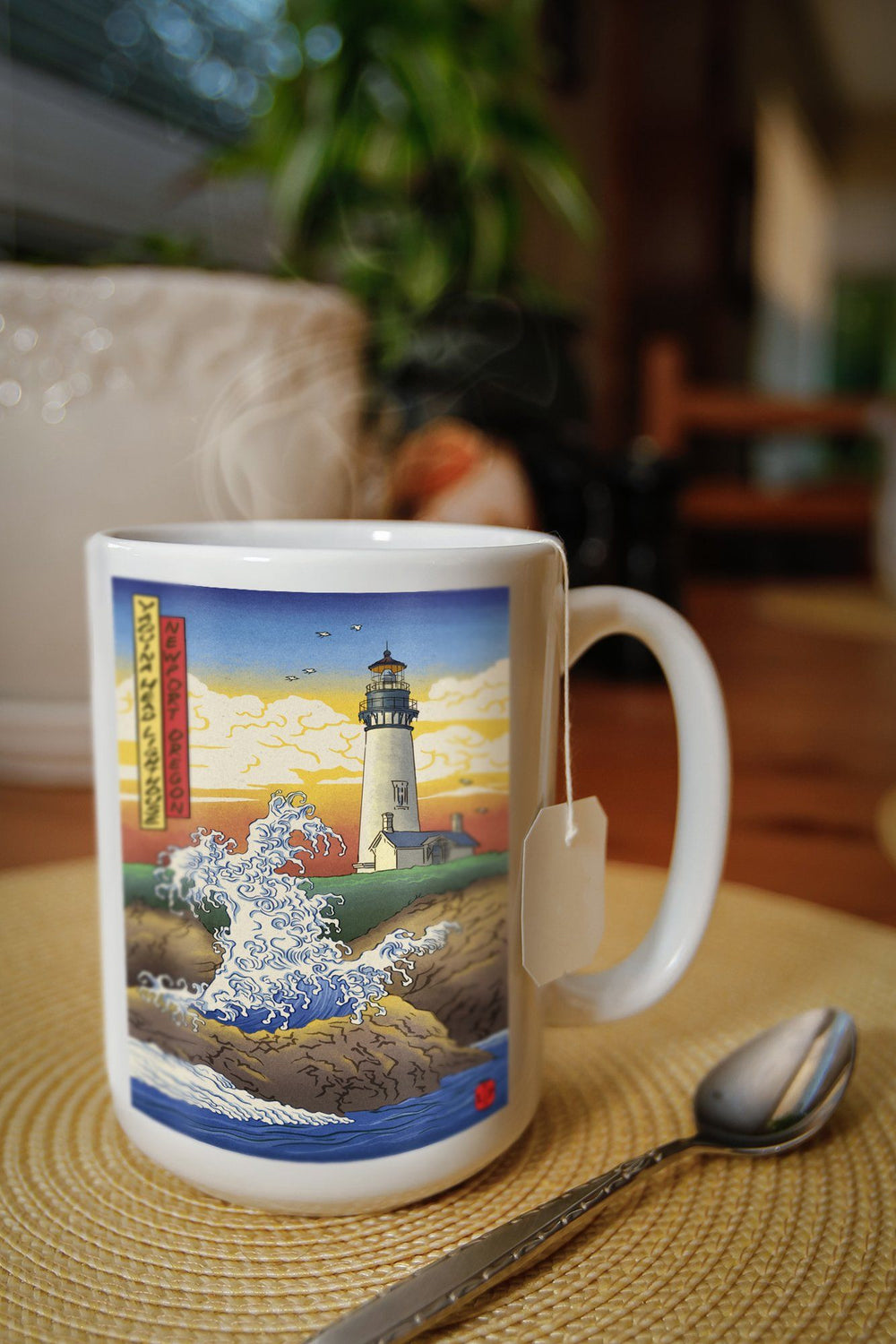 Newport, Oregon, Yaquina Head Lighthouse Woodblock, Lantern Press Poster, Ceramic Mug Mugs Lantern Press 
