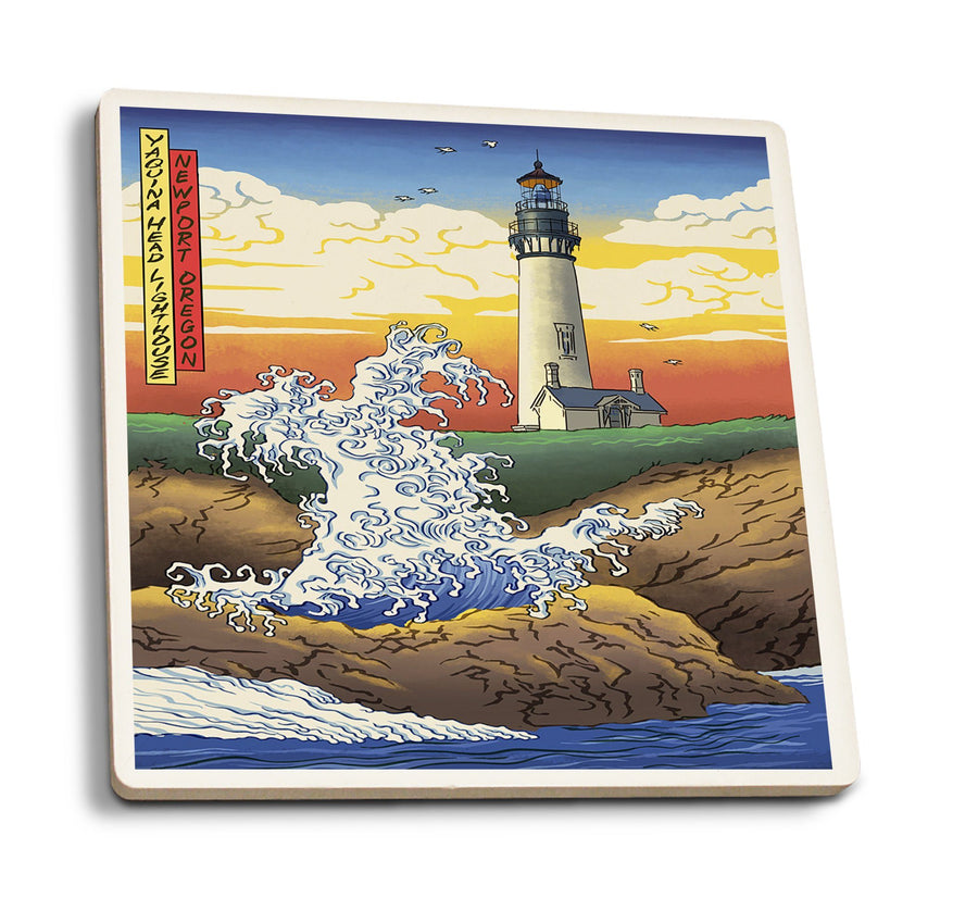 Newport, Oregon, Yaquina Head Lighthouse Woodblock, Lantern Press Poster, Coaster Set Coasters Lantern Press 