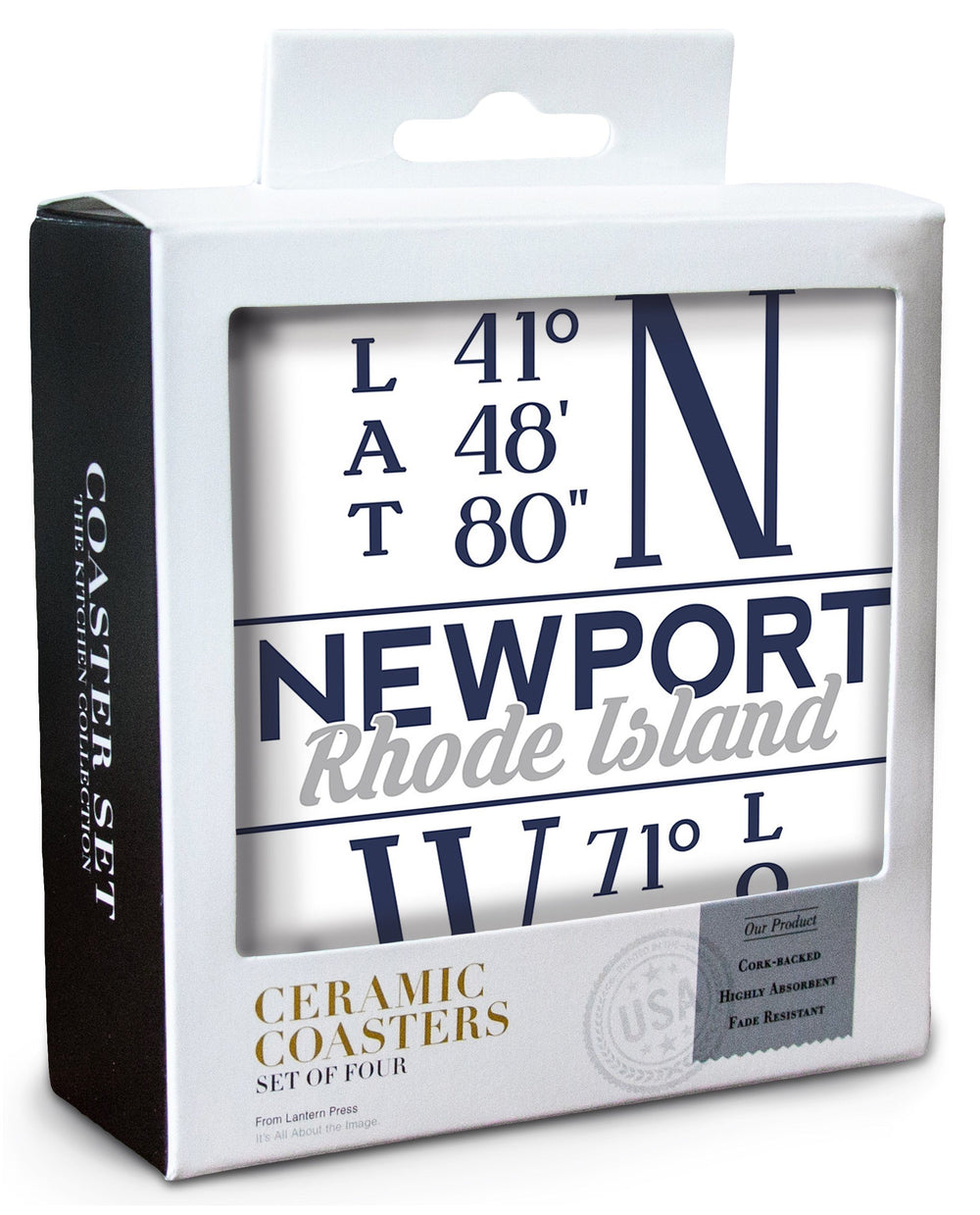 Newport, Rhode Island, Latitude & Longitude (Blue), Lantern Press Artwork, Coaster Set Coasters Lantern Press 