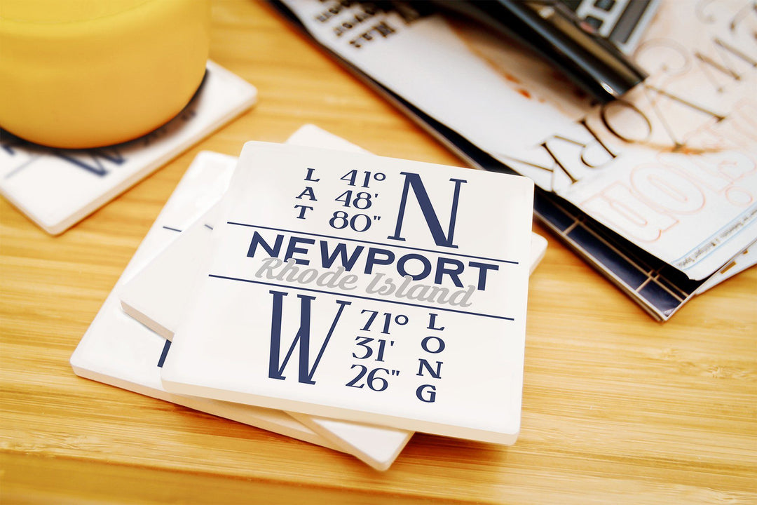 Newport, Rhode Island, Latitude & Longitude (Blue), Lantern Press Artwork, Coaster Set Coasters Lantern Press 