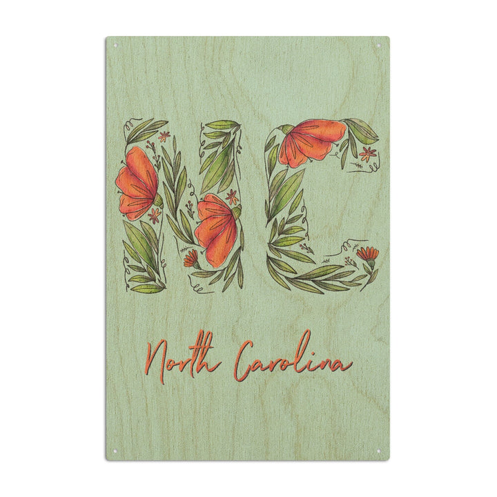 North Carolina, NC, Floral Abbreviation, Lantern Press Artwork, Wood Signs and Postcards Wood Lantern Press 10 x 15 Wood Sign 