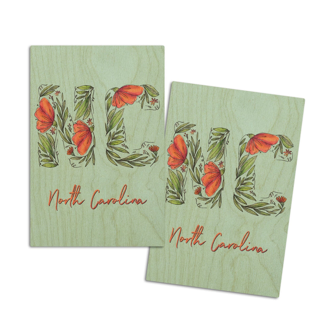 North Carolina, NC, Floral Abbreviation, Lantern Press Artwork, Wood Signs and Postcards Wood Lantern Press 4x6 Wood Postcard Set 