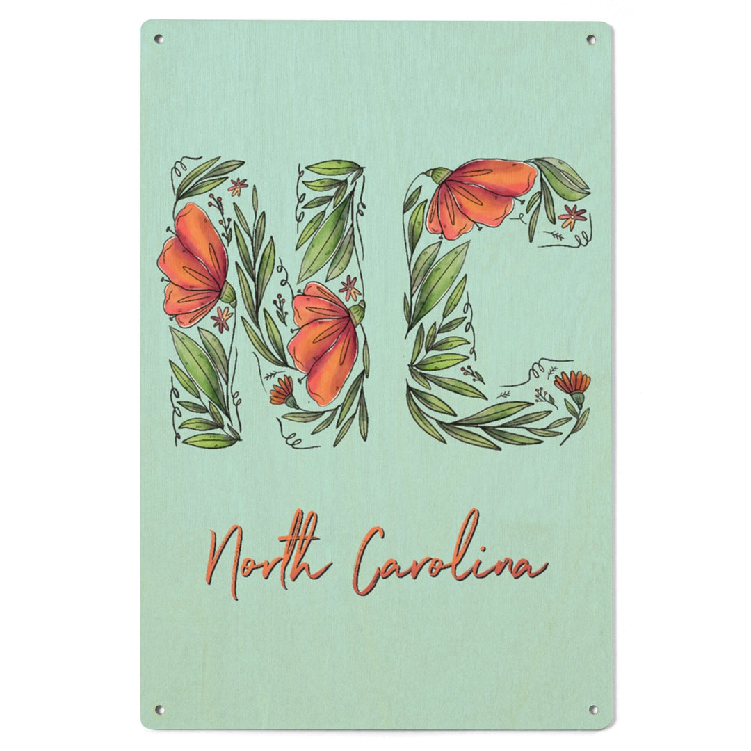 North Carolina, NC, Floral Abbreviation, Lantern Press Artwork, Wood Signs and Postcards Wood Lantern Press 