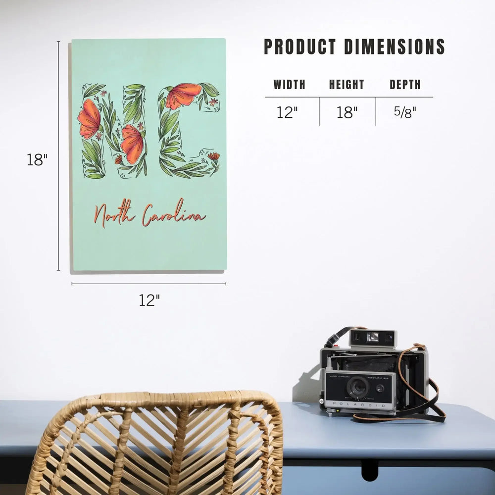 North Carolina, NC, Floral Abbreviation, Lantern Press Artwork, Wood Signs and Postcards Wood Lantern Press 