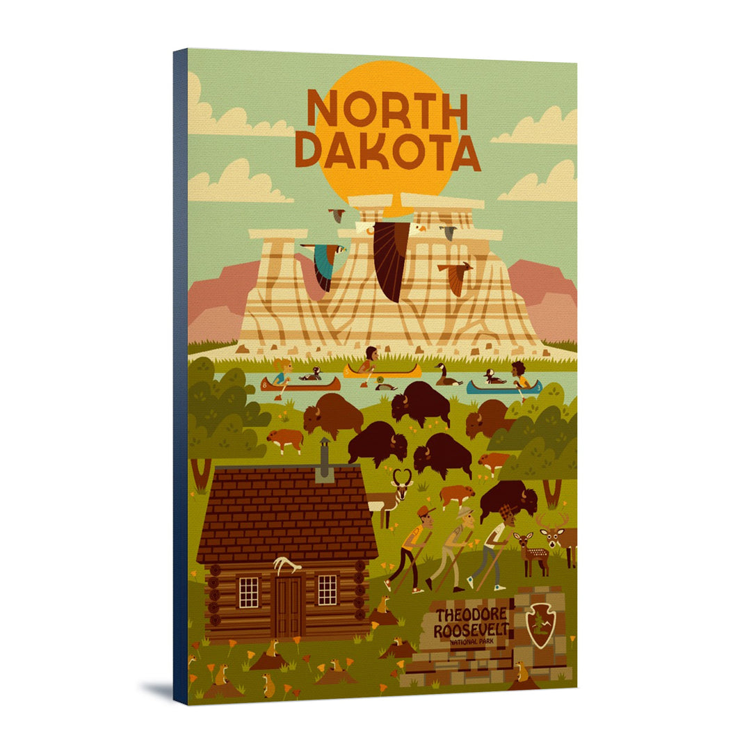 North Dakota, Theodore Roosevelt National Park, Geometric National Park Series, Lantern Press Artwork, Stretched Canvas Canvas Lantern Press 12x18 Stretched Canvas 
