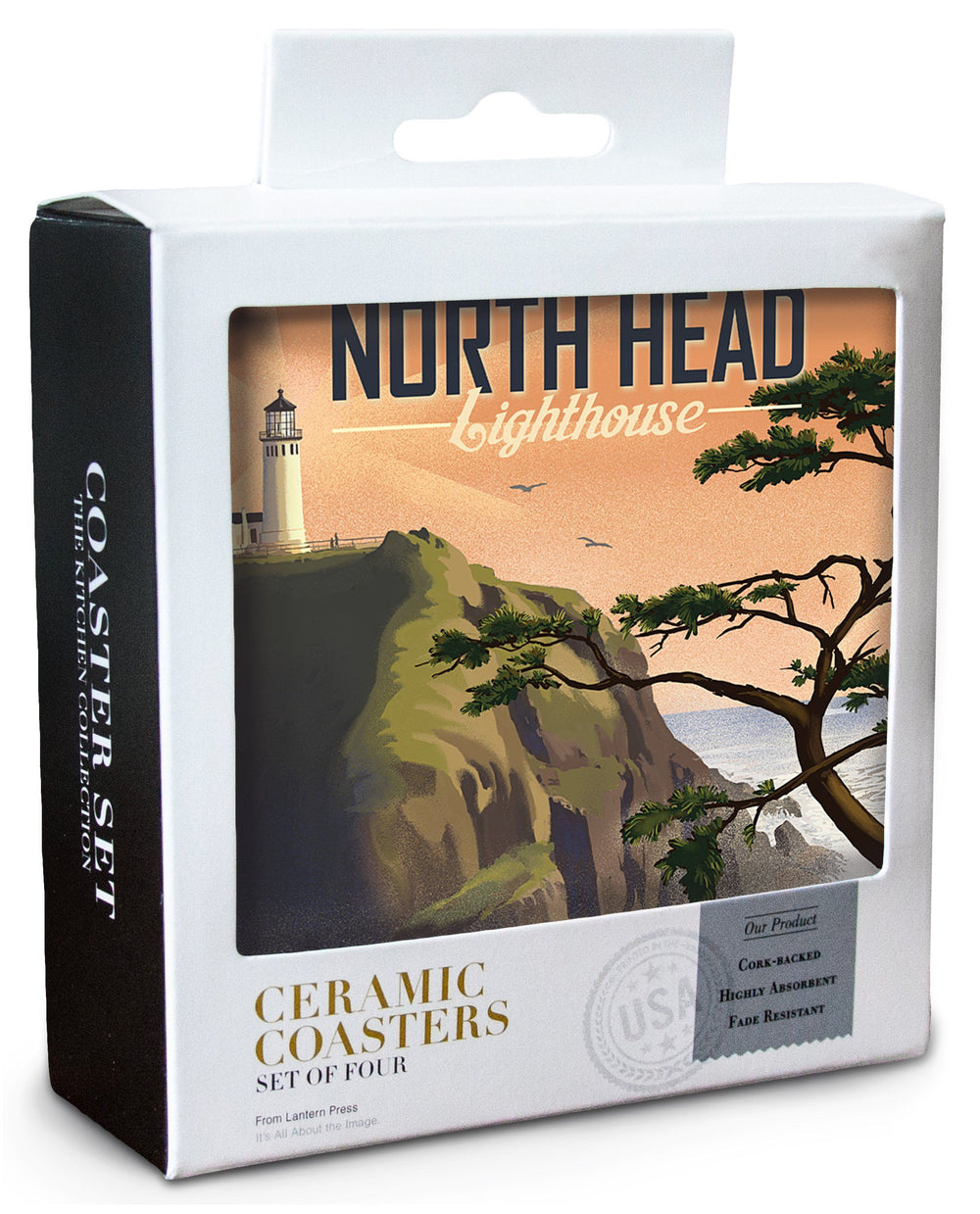 North Head Lighthouse, Lithograph, Lantern Press Artwork, Coaster Set Coasters Lantern Press 
