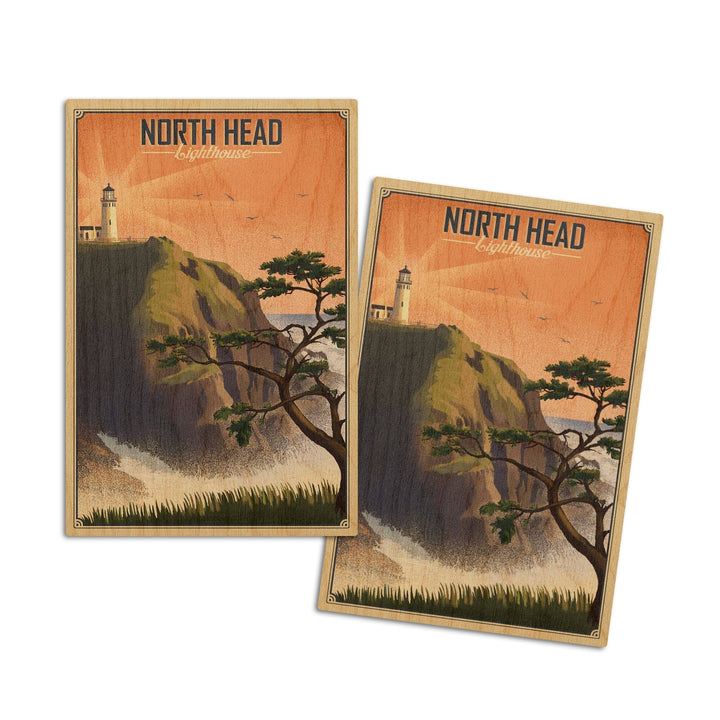 North Head Lighthouse, Lithograph, Lantern Press Artwork, Wood Signs and Postcards Wood Lantern Press 4x6 Wood Postcard Set 
