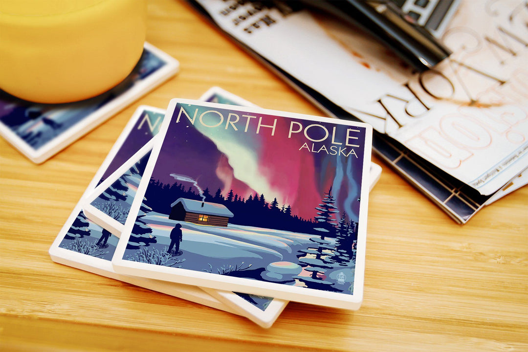 North Pole, Alaska, Northern Lights & Cabin, Lantern Press Poster, Coaster Set Coasters Lantern Press 