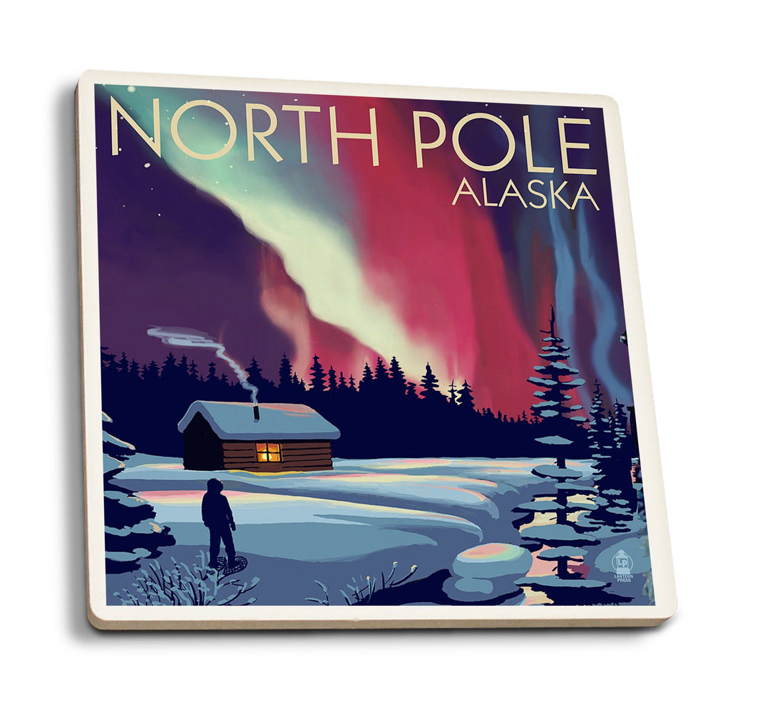 North Pole, Alaska, Northern Lights & Cabin, Lantern Press Poster, Coaster Set Coasters Lantern Press 