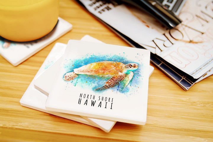 North Shore, Hawaii, Sea Turtle, Watercolor, Lantern Press Artwork, Coaster Set Coasters Lantern Press 