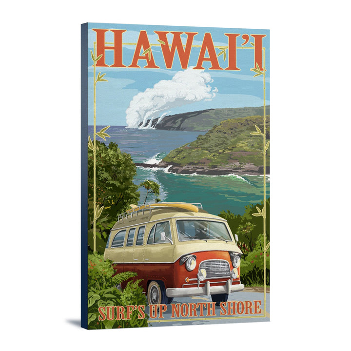 North Shore, Hawaii, Surf's Up, Camper Van, Lantern Press Artwork, Stretched Canvas Canvas Lantern Press 12x18 Stretched Canvas 