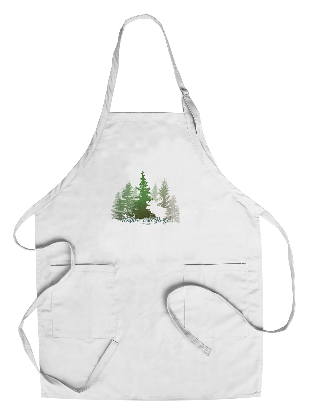 Northern Lake George, New York, Moose & Mountains, Green Tones, Lantern Press Artwork, Towels and Aprons Kitchen Lantern Press Chef's Apron 
