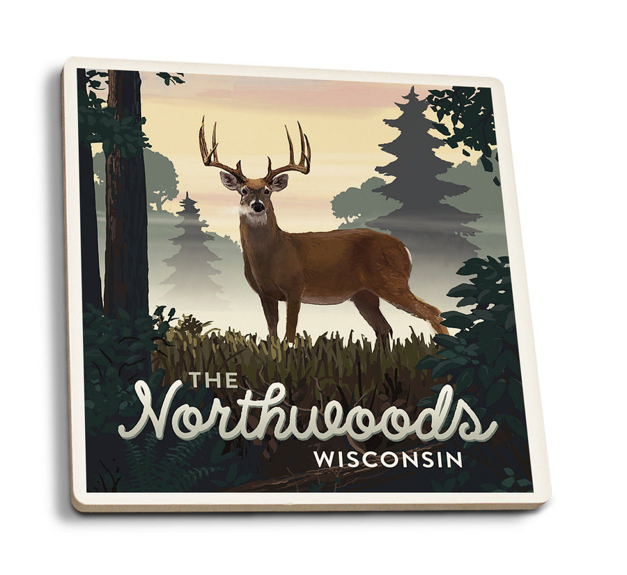 Northwoods, Wisconsin, Deer & Sunrise, Lantern Press Artwork, Coaster Set Coasters Lantern Press 