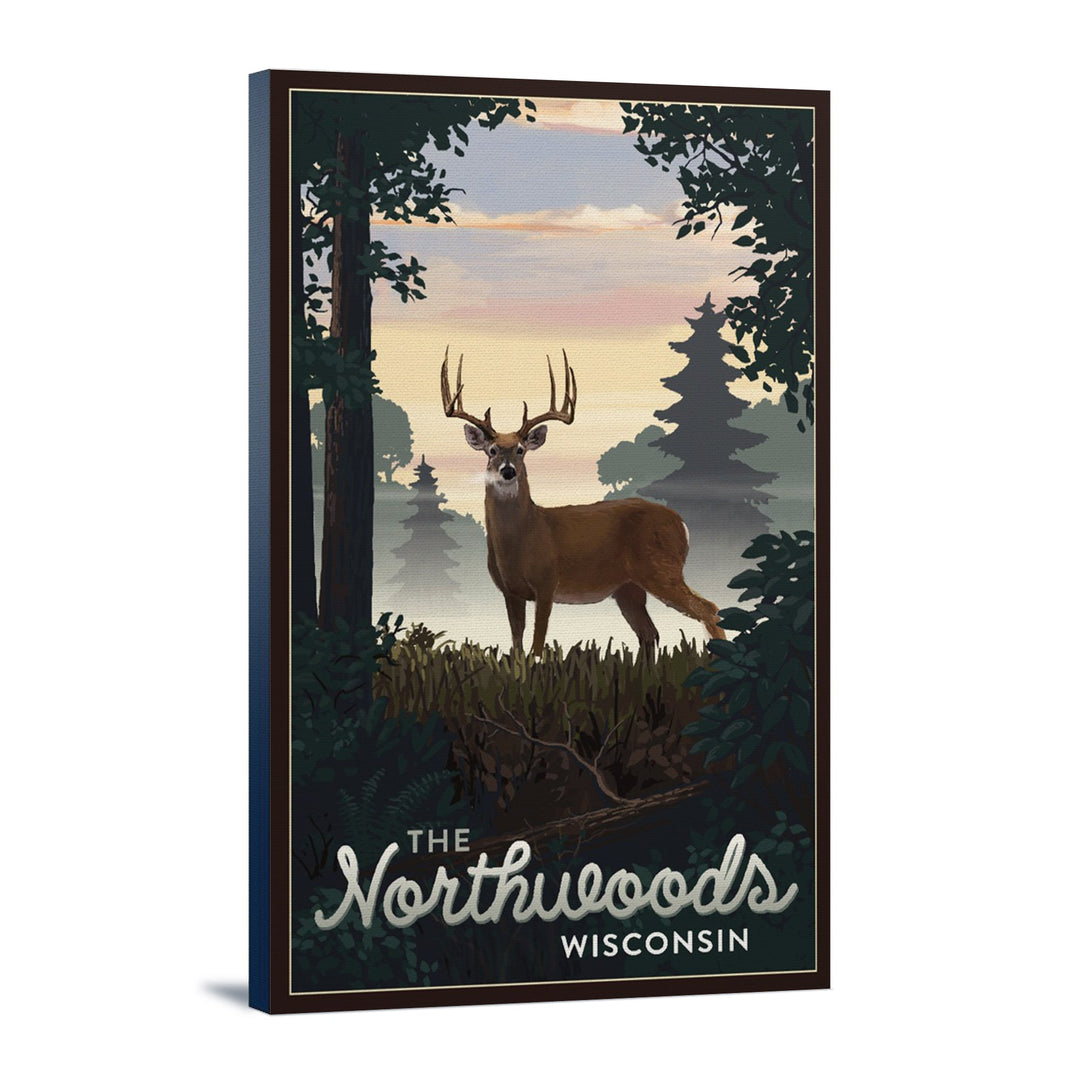 Northwoods, Wisconsin, Deer & Sunrise, Lantern Press Artwork, Stretched Canvas Canvas Lantern Press 12x18 Stretched Canvas 