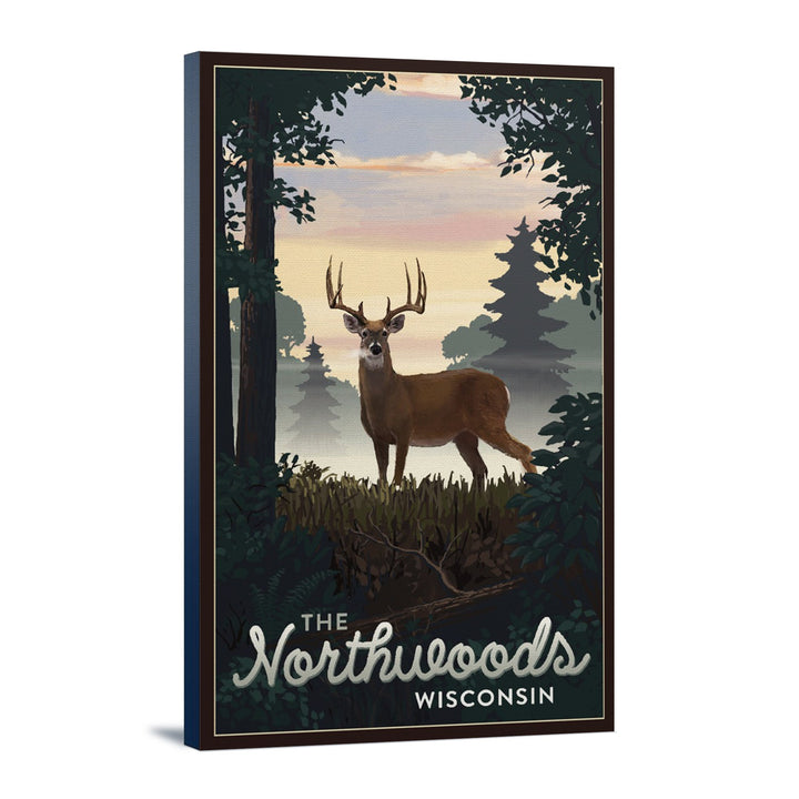 Northwoods, Wisconsin, Deer & Sunrise, Lantern Press Artwork, Stretched Canvas Canvas Lantern Press 24x36 Stretched Canvas 