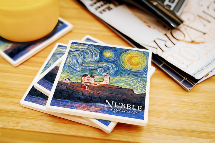 Nubble Lighthouse, Maine, Starry Night, Lantern Press Artwork, Coaster Set Coasters Lantern Press 